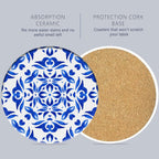 Drink Coasters Set of 6 with Holder, Handpainted Blue Pattern Absorbent Ceramic Coasters with Cork Base,Fit All Cups,Great Gift for Housewarming,Room Decor,Bar,Holiday Party