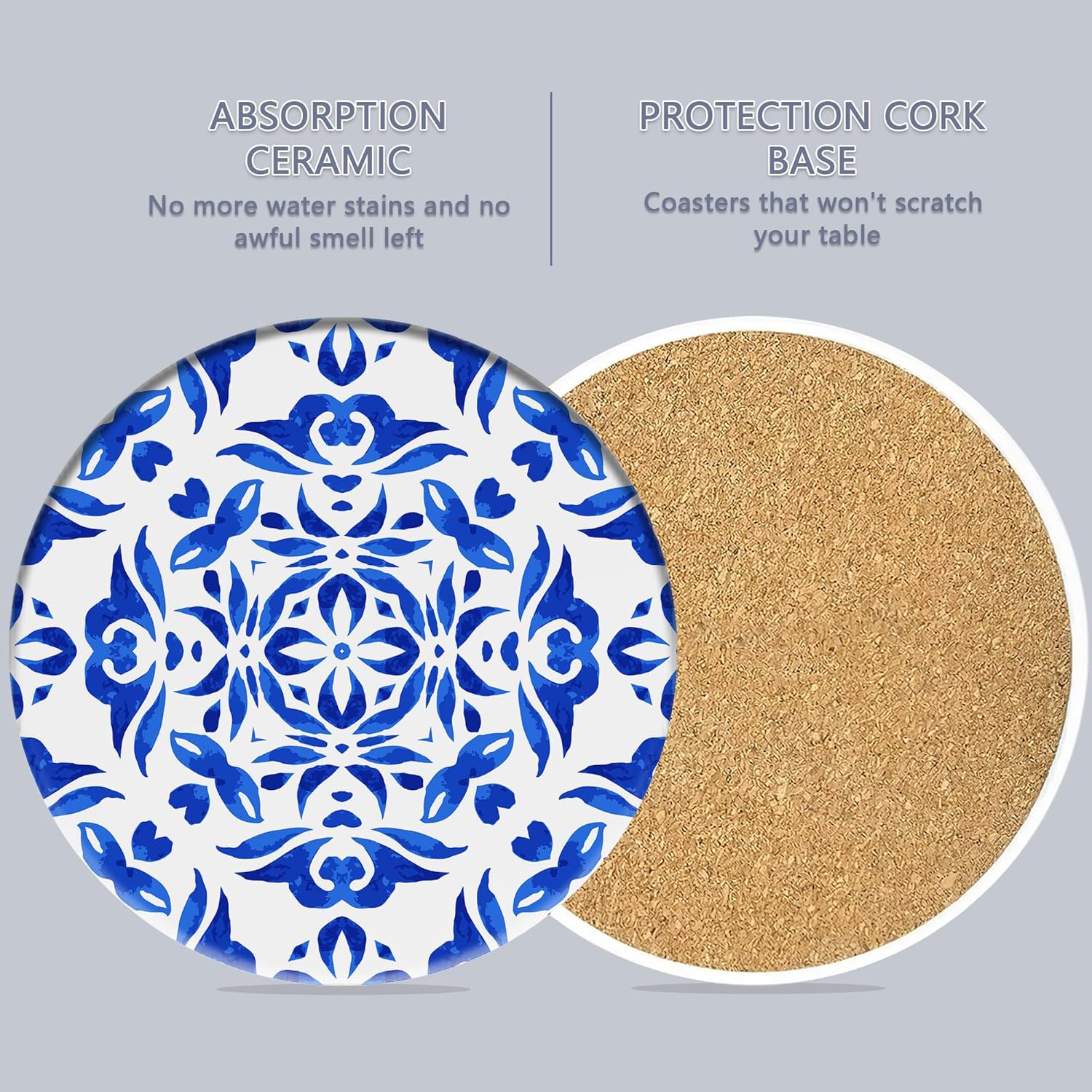 Drink Coasters Set of 6 with Holder, Handpainted Blue Pattern Absorbent Ceramic Coasters with Cork Base,Fit All Cups,Great Gift for Housewarming,Room Decor,Bar,Holiday Party