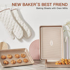 HONGBAKE 3 Pack Gold Nonstick Baking Sheet Pan Set with Oven Mitts Heat Resistant, Non-Toxic Half/Quarter/Jelly Roll Pans with Diamond Texture Pattern, Heavy Duty 0.8mm Thick Cookie Trays for Cooking