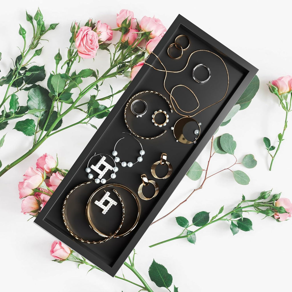 Bathroom Vanity Tray Black Decorative Tray for Counter, 11.2"x 4.3" Small Wood Sink Soap Tray Holder for Kitchen, Dresser Countertop Decor Rectangle Wooden Organizer, Black