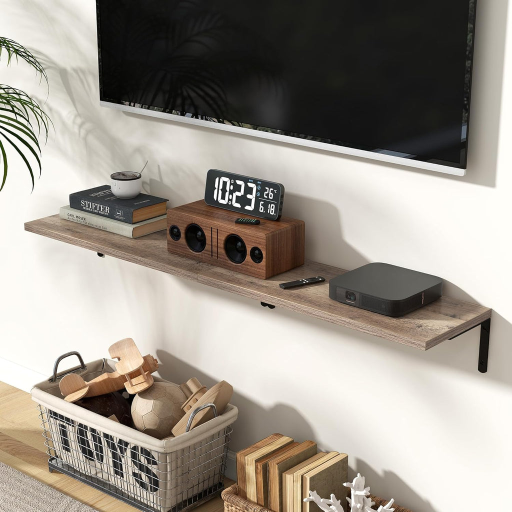 Fun Memories Deep Floating Shelves, 24W x 8D Floating Shelves Set of 2, Wall Mounted Shelf with Metal Brackets, Rustic Wood Wall Shelf for Bathroom, Kitchen and Living Room, Grey