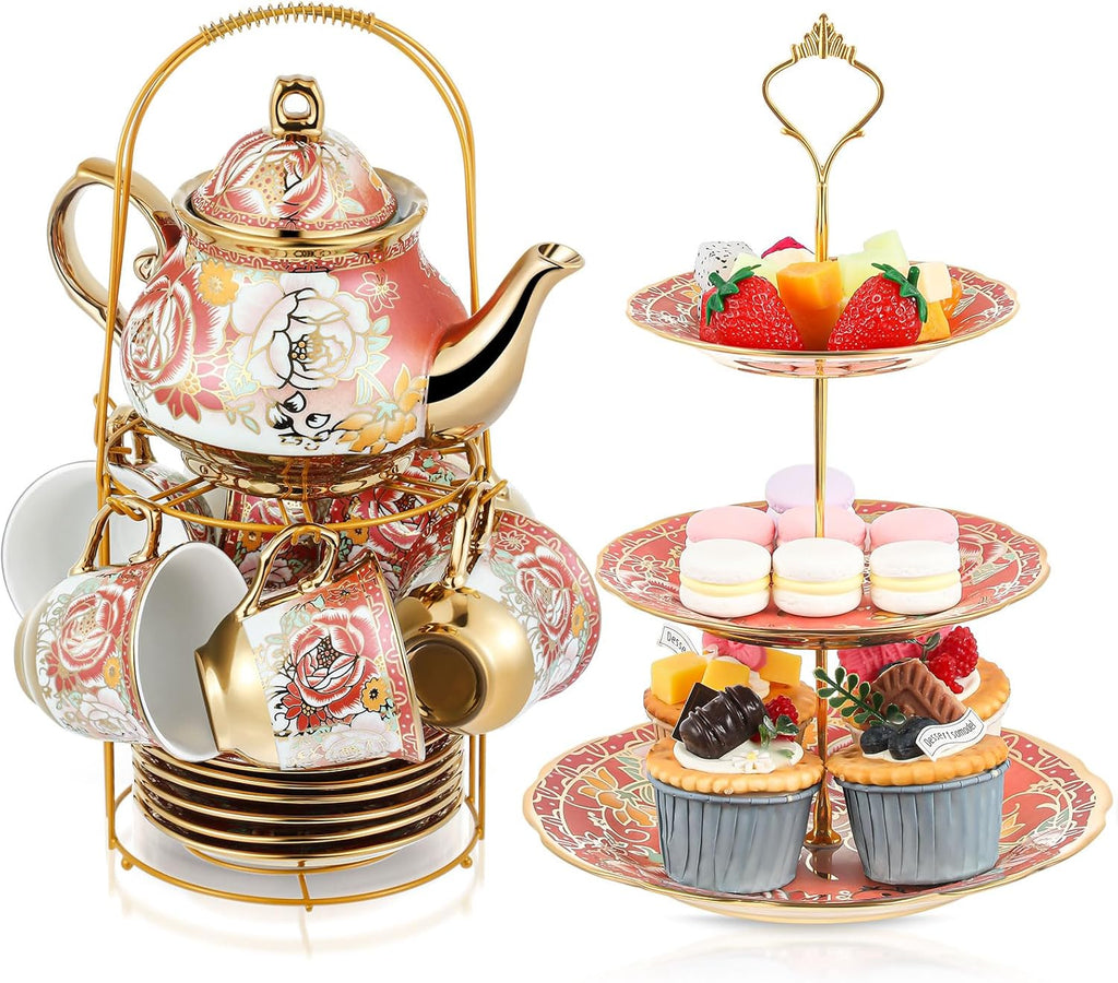 Maxcheck 21 Pcs Tea Party Set for Adults European Floral Tea Set with Metal Holder and 3 Tier Ceramic Cake Stand Porcelain Flower Cup Teapot for Dessert Cupcake(Romantic Style)