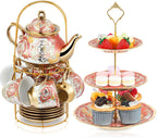 Maxcheck 21 Pcs Tea Party Set for Adults European Floral Tea Set with Metal Holder and 3 Tier Ceramic Cake Stand Porcelain Flower Cup Teapot for Dessert Cupcake(Romantic Style)
