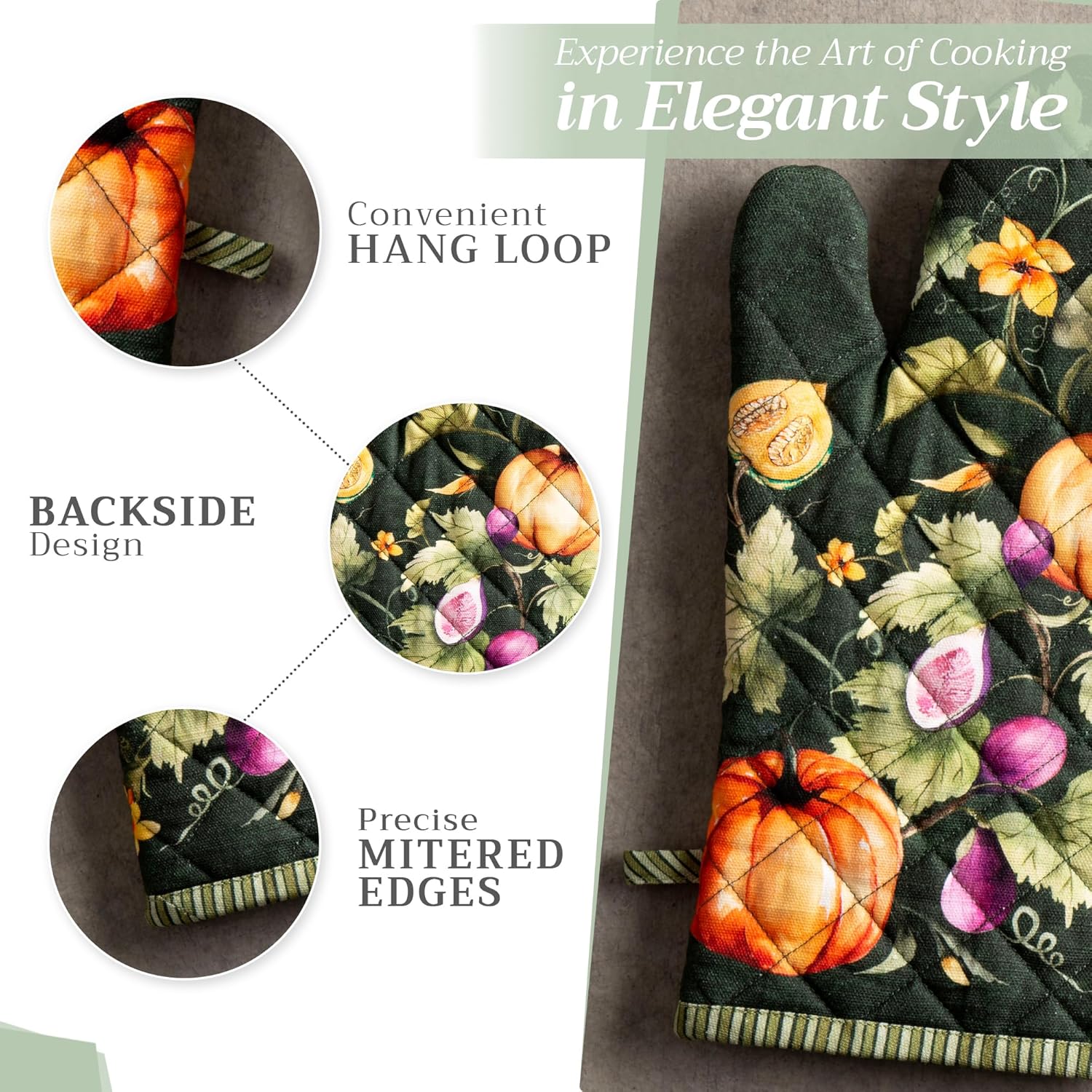 Maison d' Hermine 100% Cotton Oven Mitt & Pot Holder Set (7.5"x13" & 8"x8") Heat Resistant BBQ Cooking Gloves with Loop, Baking, Grilling, Kitchen, Handling Hot Pans (Pumpkin Garden - Dark Green)