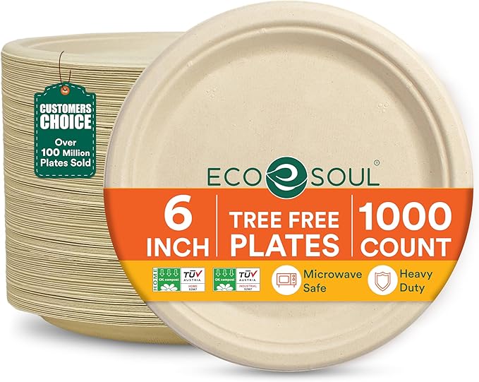 ECO SOUL Compostable Paper Plates 6 Inch (1000 Count) Plates for Christmas Dessert, Heavy Duty, Eco-Friendly Sugarcane Bagasse Small Plates For Appetizer- Natural Brown