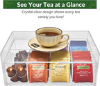Acrylic Tea Station Organizer for Countertop - Tea Bag Organizer Drawer, Clear Lucite K Cup and Coffee Pod Storage box with 8 Compartments, Tea Caddy Creamer Holder Display Stand
