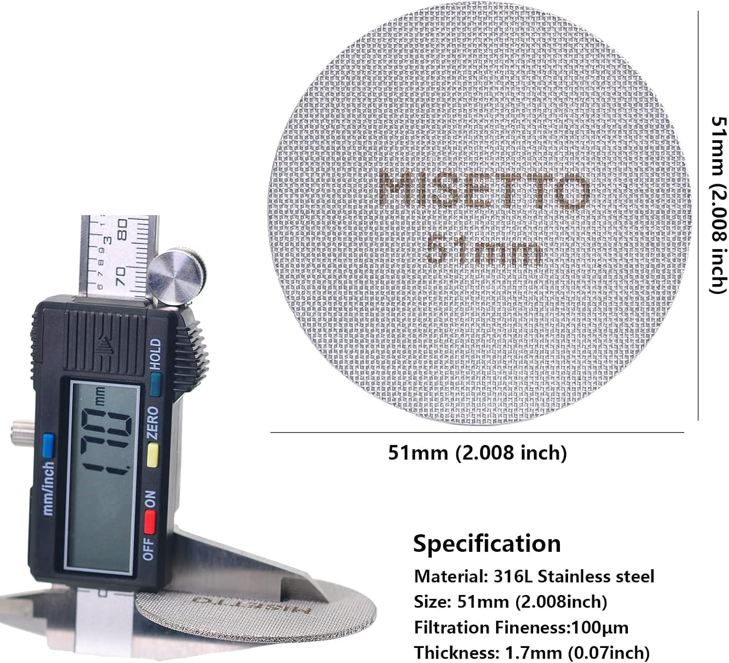 51mm Espresso Puck Screen, 100μm 1.7mm Thickness, MISETTO S/S Stainless Steel Reusable Professional Barista Portafilter Coffee Filter Mesh Plate for Espresso Portafilter Filter Basket(51mm)