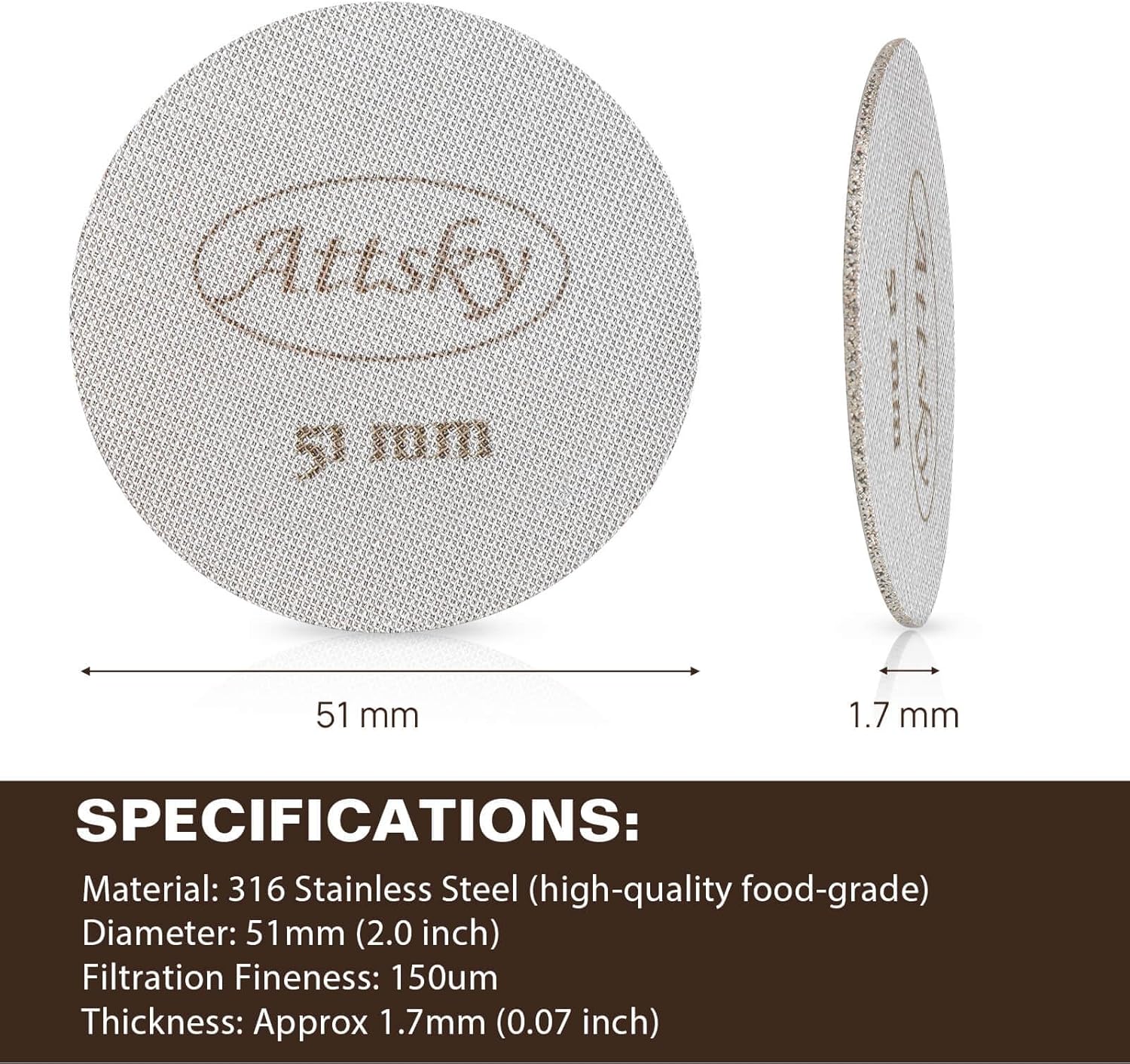 51mm Espresso Puck Screen, Espresso Filter for 51mm Portafilter Filter Basket, Reusable Espresso Screen with 1.7mm Thickness 150μm 316 Stainless Steel