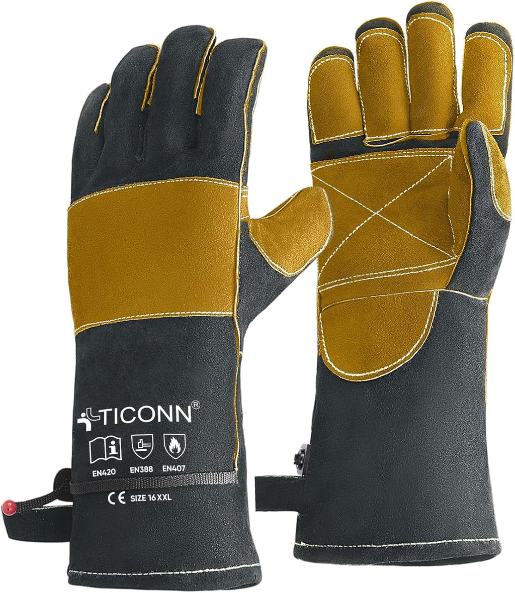 TICONN Welding Gloves, 1000°F Heat-Resistant Fireproof Leather Gloves for Welders, Stick, Forge, Mig, Tig, BBQ, Baking, Oven
