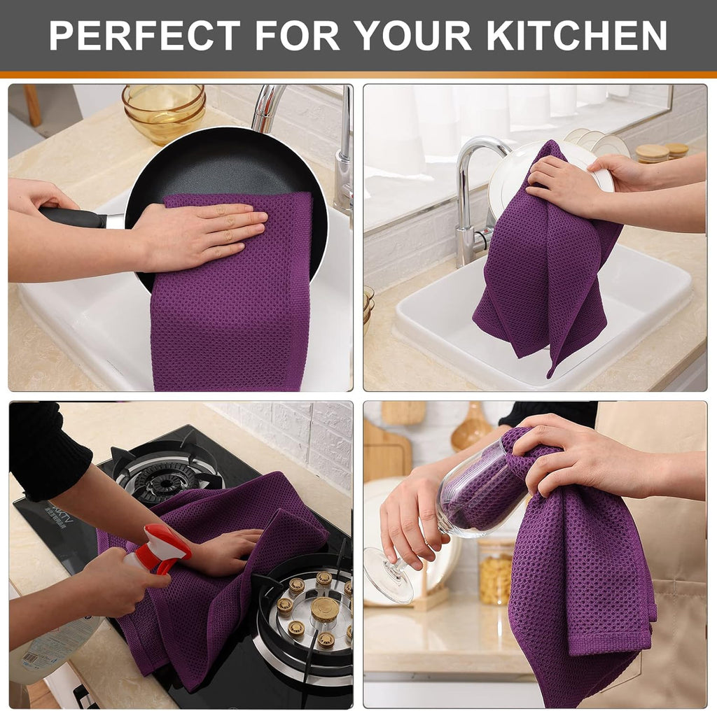 Kitinjoy 100% Cotton Waffle Weave Kitchen Towels, 4-Pack Super Soft and Absorbent Dish Towels for Drying Dishes, Kitchen Hand Towels, 13 in x 28 in, Violet