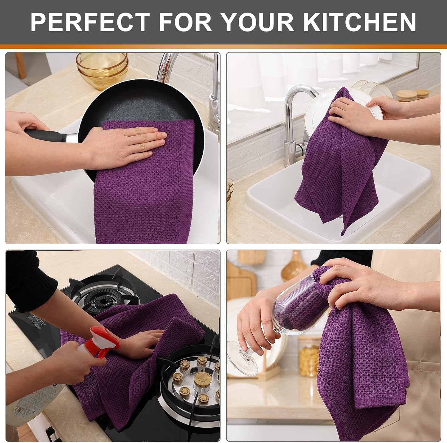 Kitinjoy 100% Cotton Waffle Weave Kitchen Towels, 4-Pack Super Soft and Absorbent Dish Towels for Drying Dishes, Kitchen Hand Towels, 13 in x 28 in, Violet