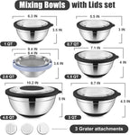 E-far Mixing Bowls with Lids Set, 15PCS Stainless Steel Mixing Nesting Bowl with Colander & 3 Metal Grater for Kitchen Prep/Baking/Storage, Non-Slip Bottom & Airtight Lid, 4.6, 3, 1.5, 1, 0.7QT, Black