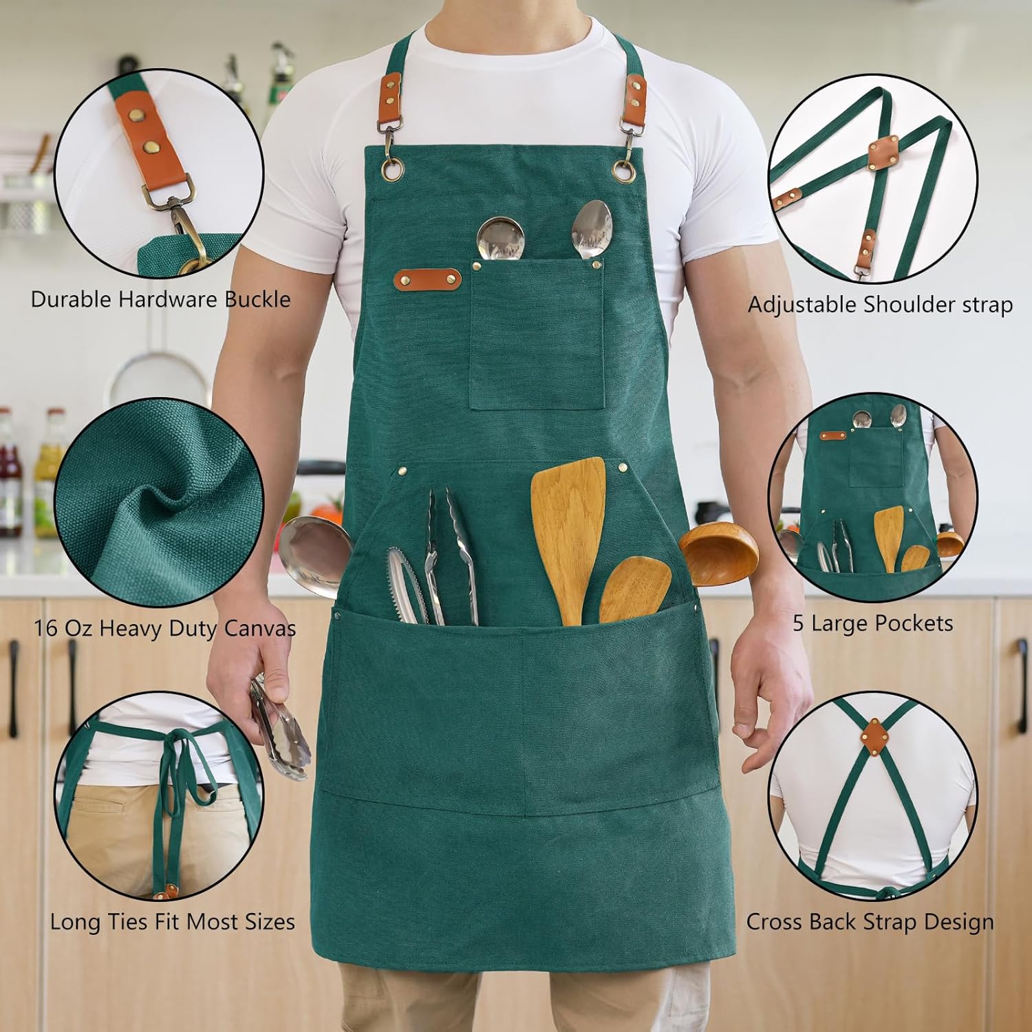Canvas Aprons for Men Chef Apron, Work Apron with Large Pockets - 16oz Heavy Duty Cross Back, BBQ, Cooking