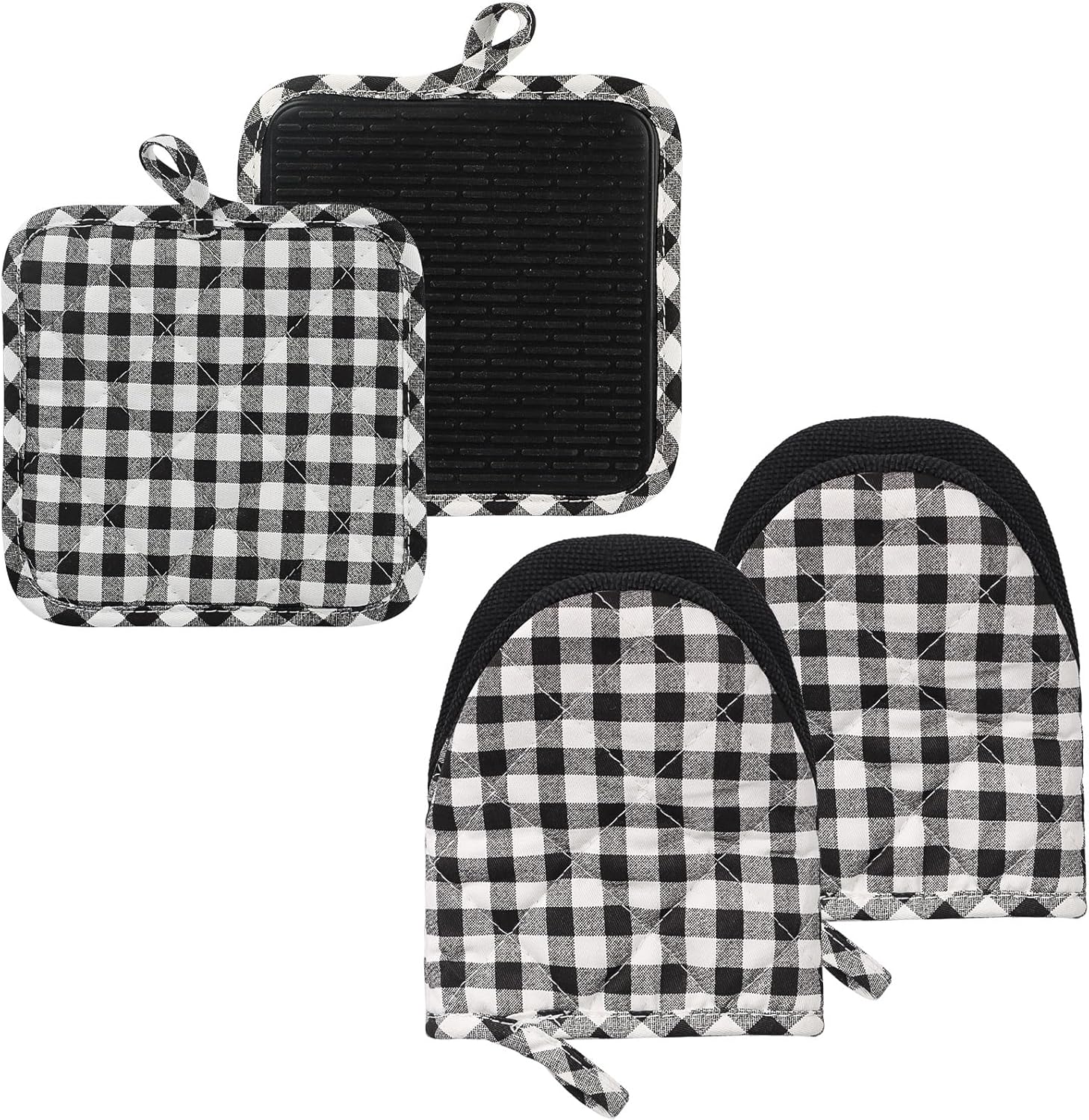 Oven Mitts and Pot Holders Set, Pack of 4, Heat Resistant Silicone Kitchen Mini Oven Mittens for 500 Degrees, Mini Oven Gloves and Hot Pads for Baking Grilling Barbecue Microwave Machine Washable