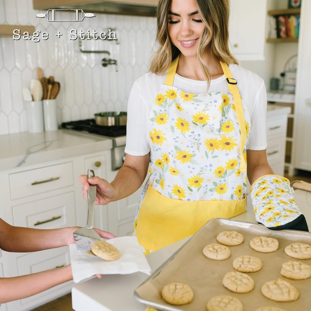 Heat Resistant Designer Kitchen Oven Mitts with Neoprene Non-Slip Grips and Hanging Loops | Set of 2 100% Cotton Long Sleeve Kitchen Oven Mitts | 5.5" x 12" | Sun Flowers