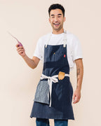 Caldo Linen Kitchen Apron for Cooking- Mens and Womens Linen Bib Apron for Professional Chef, Server, or Barista- Adjustable with Pockets (Navy)
