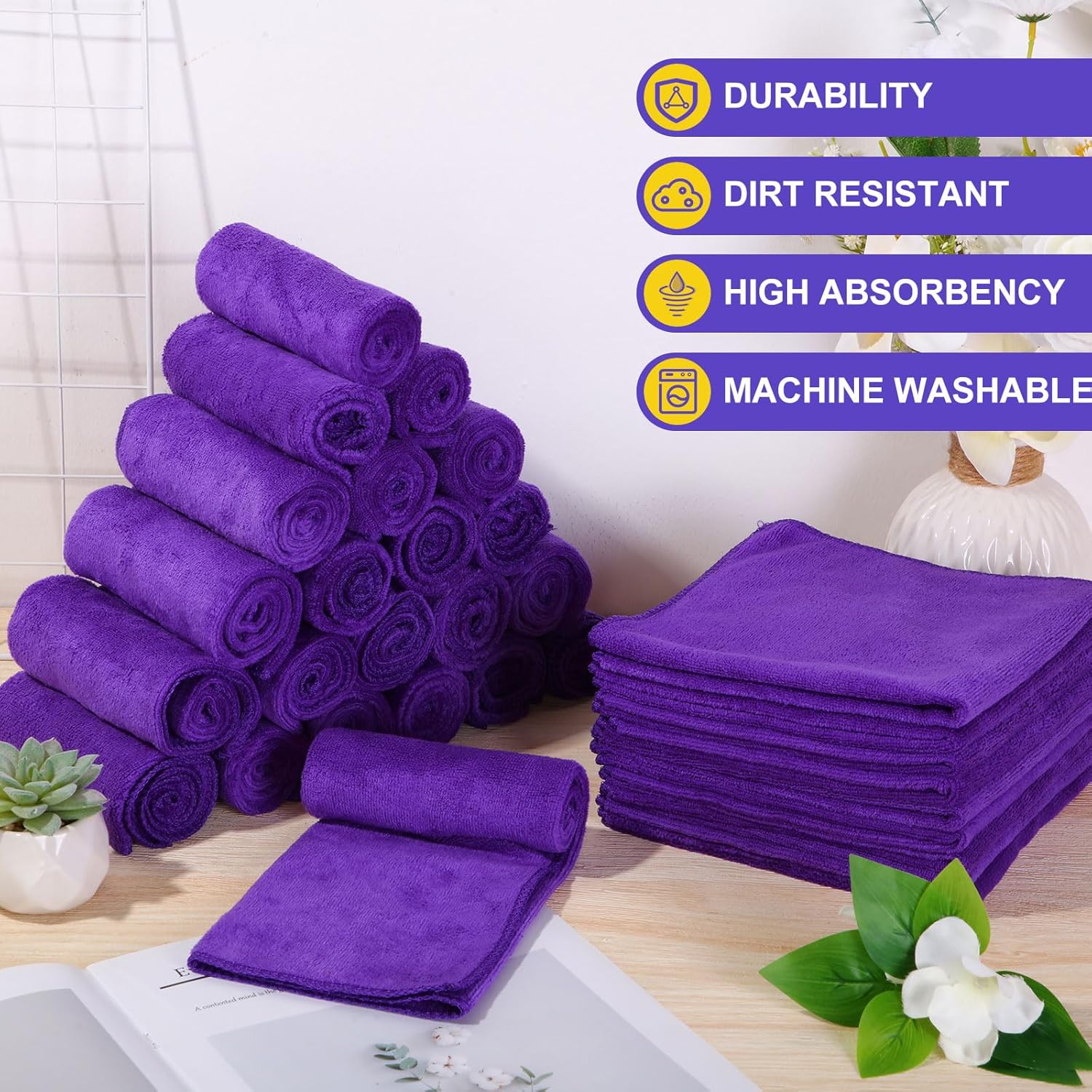 Nuenen Microfiber Cleaning Cloths for Cars 16 x 16 Inch Ultra Absorbent Car Towels Drying Reusable Cleaning Supplies House Kitchen Window Microfiber Towel(Purple,120 Pcs)