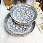 Round Decorative Trays Set of 2, Modern Plastic Serving Tray with Handles for Living Room, Coffee Table, Kitchen, Ottoman, Boho Blue, Large 13", Small 11.8"