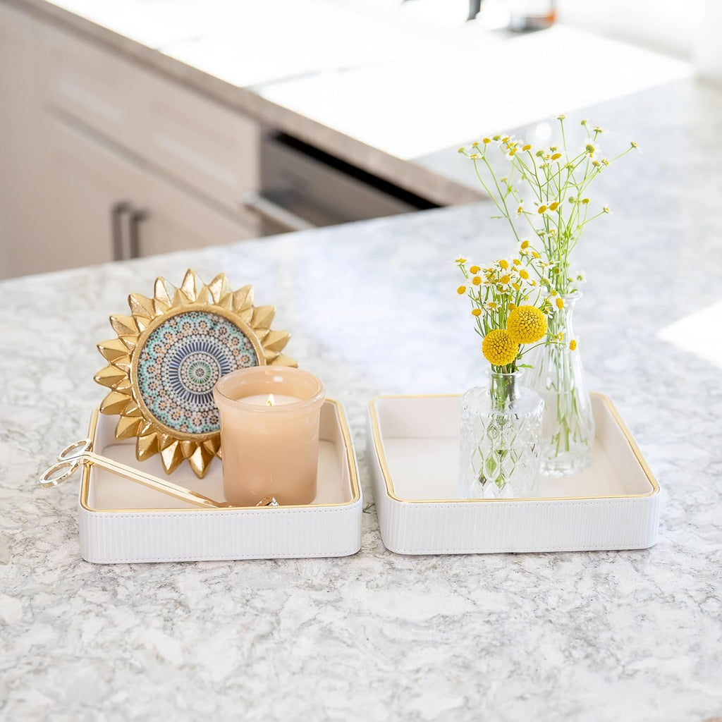 2 Pack White Catch All Trays for Jewelry| Small Leather Valet Tray| Key Bowl for Entryway Table EDC Trinket Tray Catch All| Perfume Trays for Dresser Organizer Perfume Holder (Set of 2)