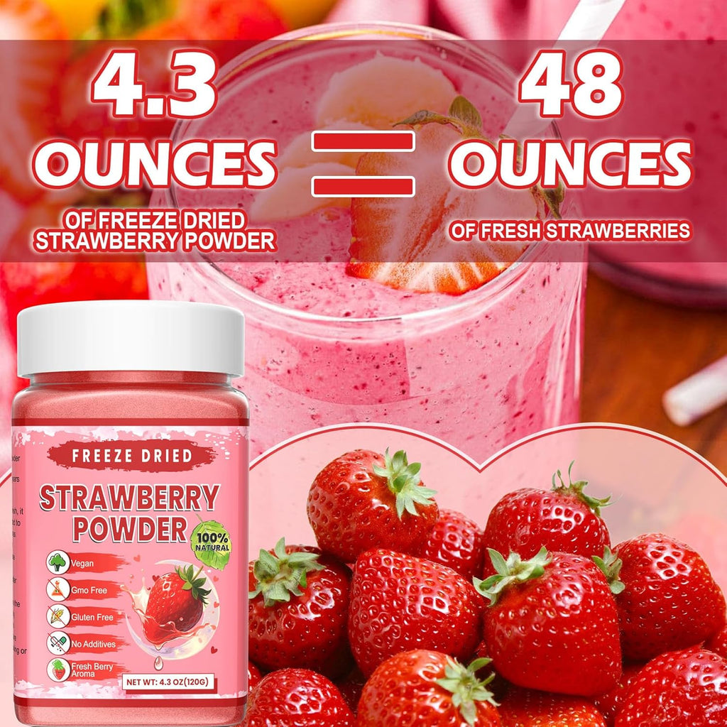 Freeze Dried Strawberry Powder - Kiigfood 4.3 oz/120g Natural Strawberry Powder Fruit Powder, Strawberries Source for Smoothie, Drinks, Baking, Cakes Decoration - Vegan, Non-GMO, Gluten-Free
