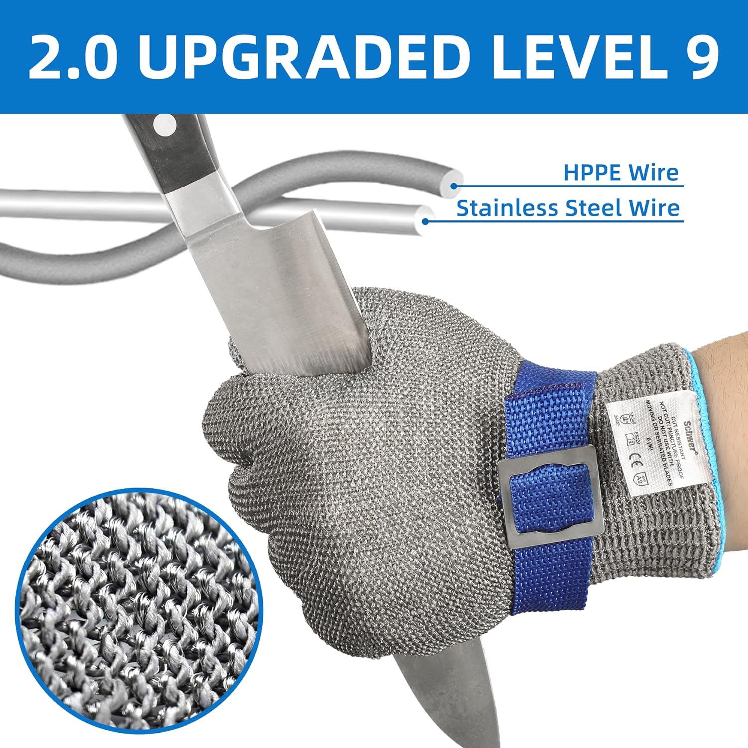 Schwer SlicePro ANSI A9 Cut Resistant Glove PR1707, Food Grade Stainless Steel Wire Metal Gloves, Cutting Gloves for Kitchen, Meat Cutting, Oyster Shucking, Fish Fillet, Non-PFAS（L, 2 PCS）