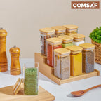 ComSaf 12Pcs Glass Spice Jars with Bamboo Lid, 10oz Airtight Square Containers with 275 Black Lables, Empty Seasoning Jars for Spice Salt Sugar