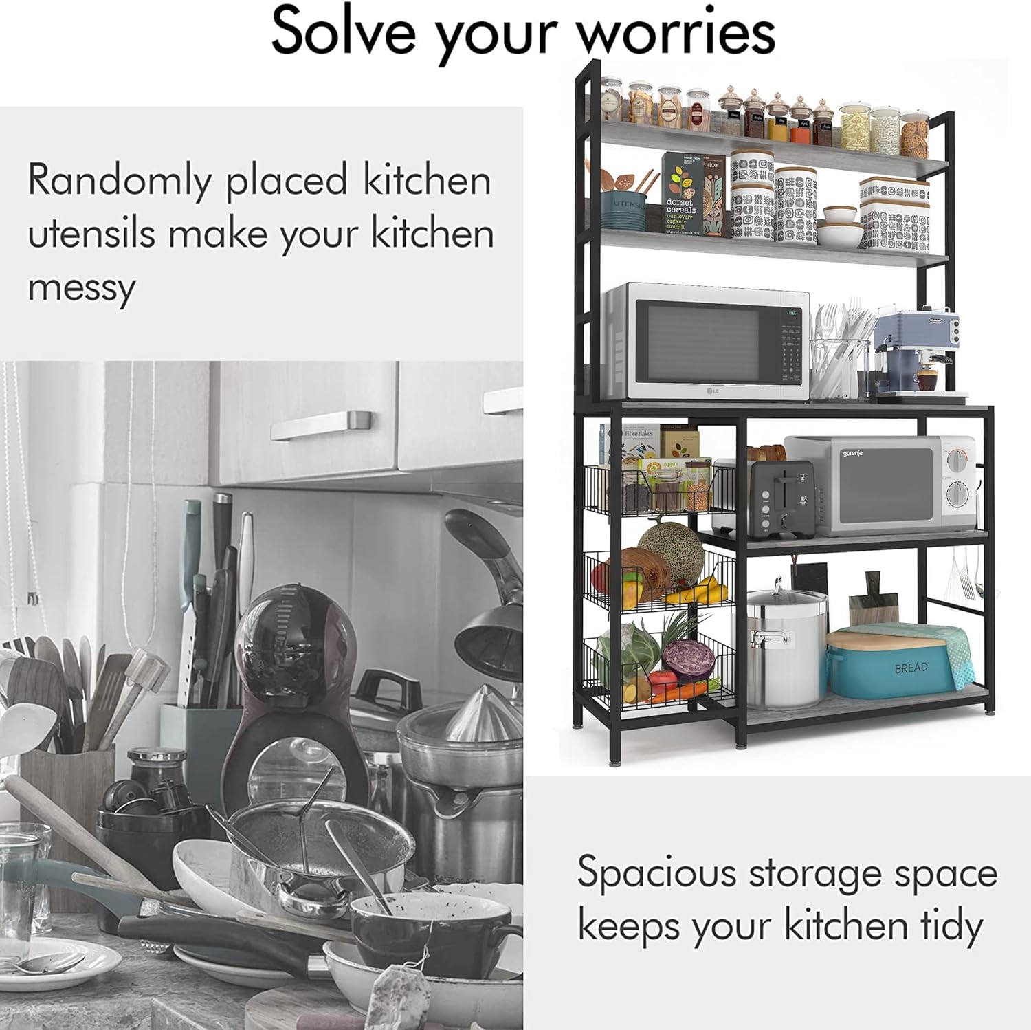 Kitchen Bakers Rack with Baskets,Free Standing Shelf,5-Tier Kitchen Utility Storage Shelf with Hooks, Microwave Oven Stand Rack Grey