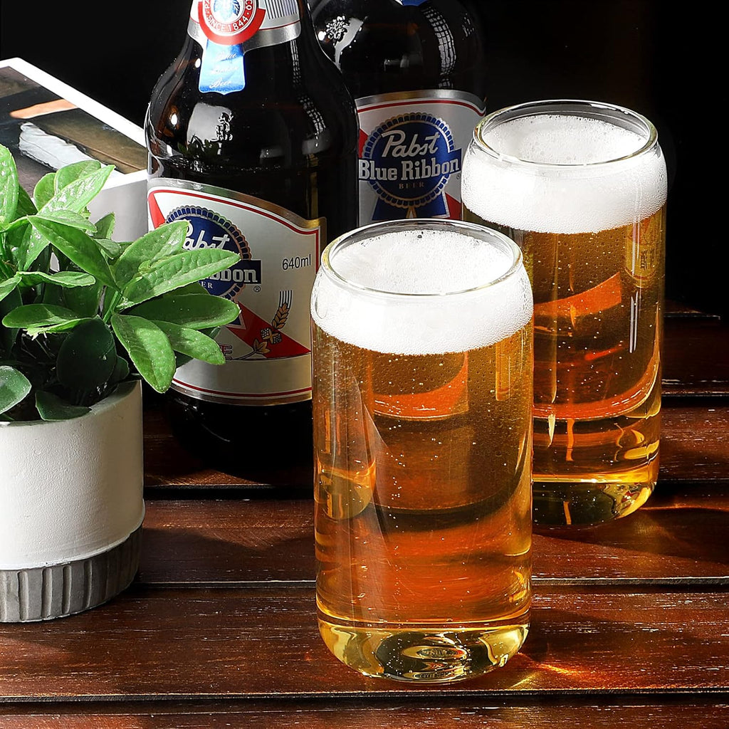 Glass Cups with Straw 6 Set, 16oz Beer Glasses, Glass Coffee Cups, Iced Coffee Glasses, Glass Tumbler for Whiskey, Soda, Tea (6 PACK)