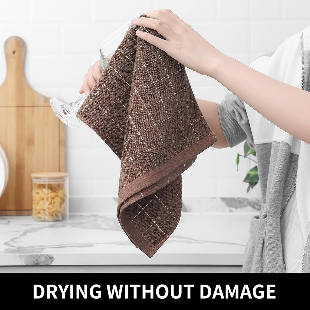 Homaxy 100% Cotton Terry Kitchen Towels(Brown, 13 x 28 inches), Checkered Designed, Soft and Super Absorbent Dish Towels, 4 Pack