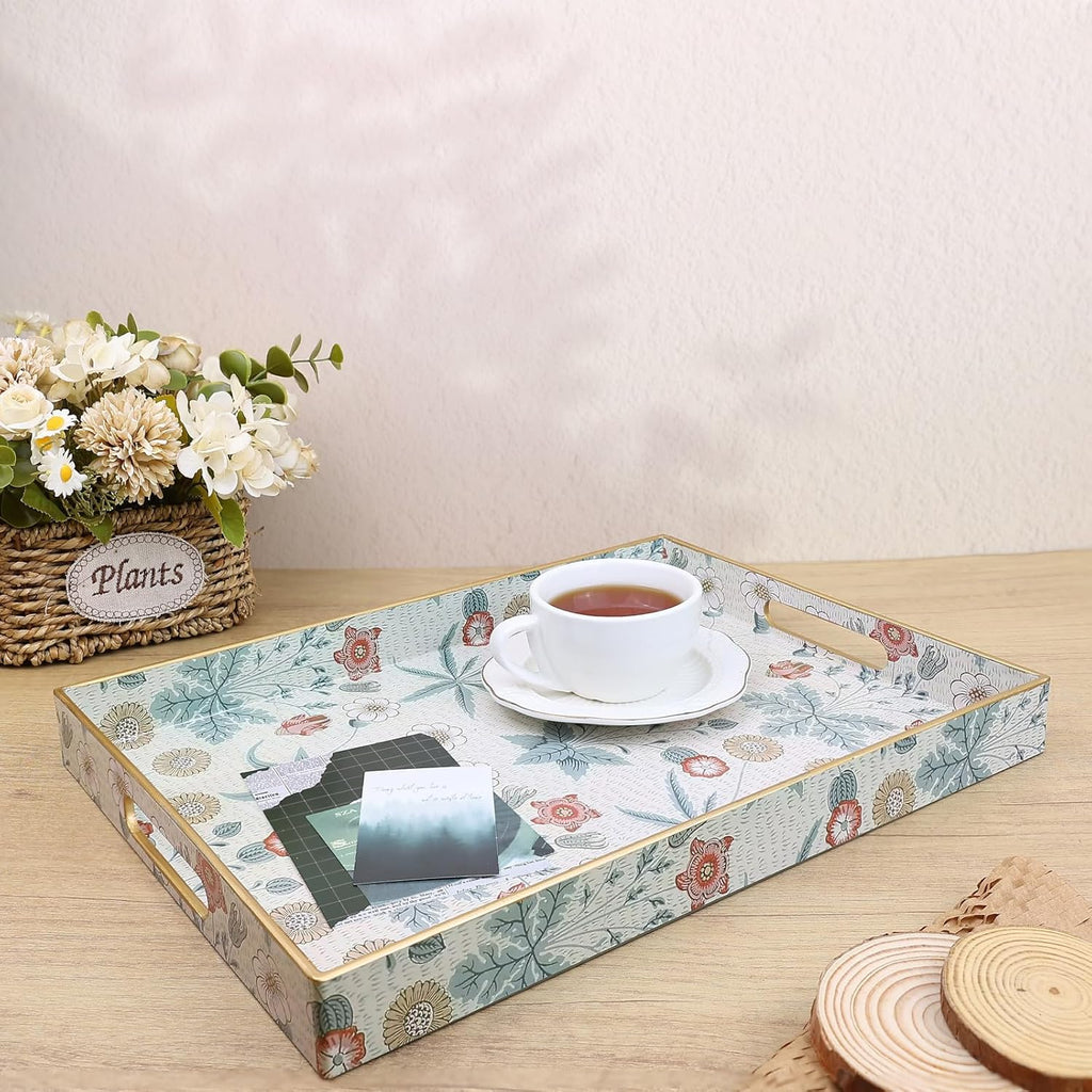 Rectangle Serving Tray with Handles, Coffee Table Tray for Ottoman, Living Room, Outdoor Tray for Patio Entertaining, Serving Breakfast Kitchen Platter, Daisy