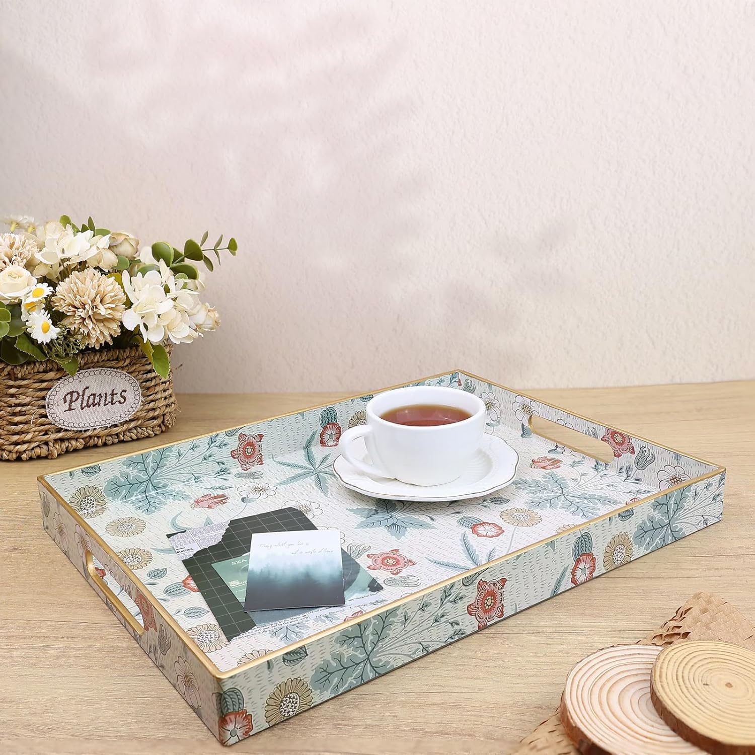 Rectangle Serving Tray with Handles, Coffee Table Tray for Ottoman, Living Room, Outdoor Tray for Patio Entertaining, Serving Breakfast Kitchen Platter, Daisy
