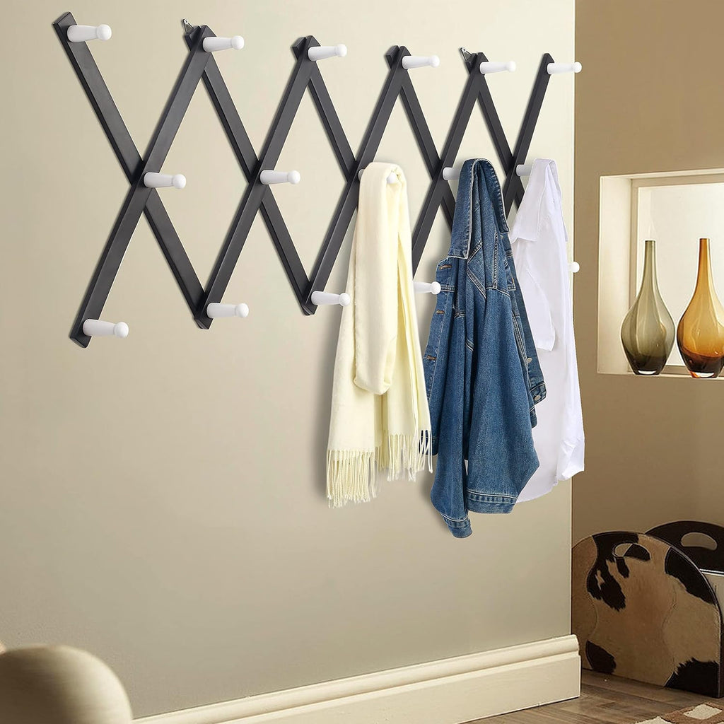 Dseap Accordian Wall Hanger: 16” High Wooden Wall Expandable Coat Rack, Hat Rack Holder, Accordion Hook for Baseball Caps, Coats, Mugs,17 Peg Hooks, Black & White
