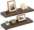 Floating Shelves for Wall Decor, Rustic Solid Elm Wood Live Edge Floating Shelves Wall Mounted, Wall Shelves with Invisible Bracket for Living Room Bathroom Bedroom Kitchen, 24 Inch Set of 2, Walnut