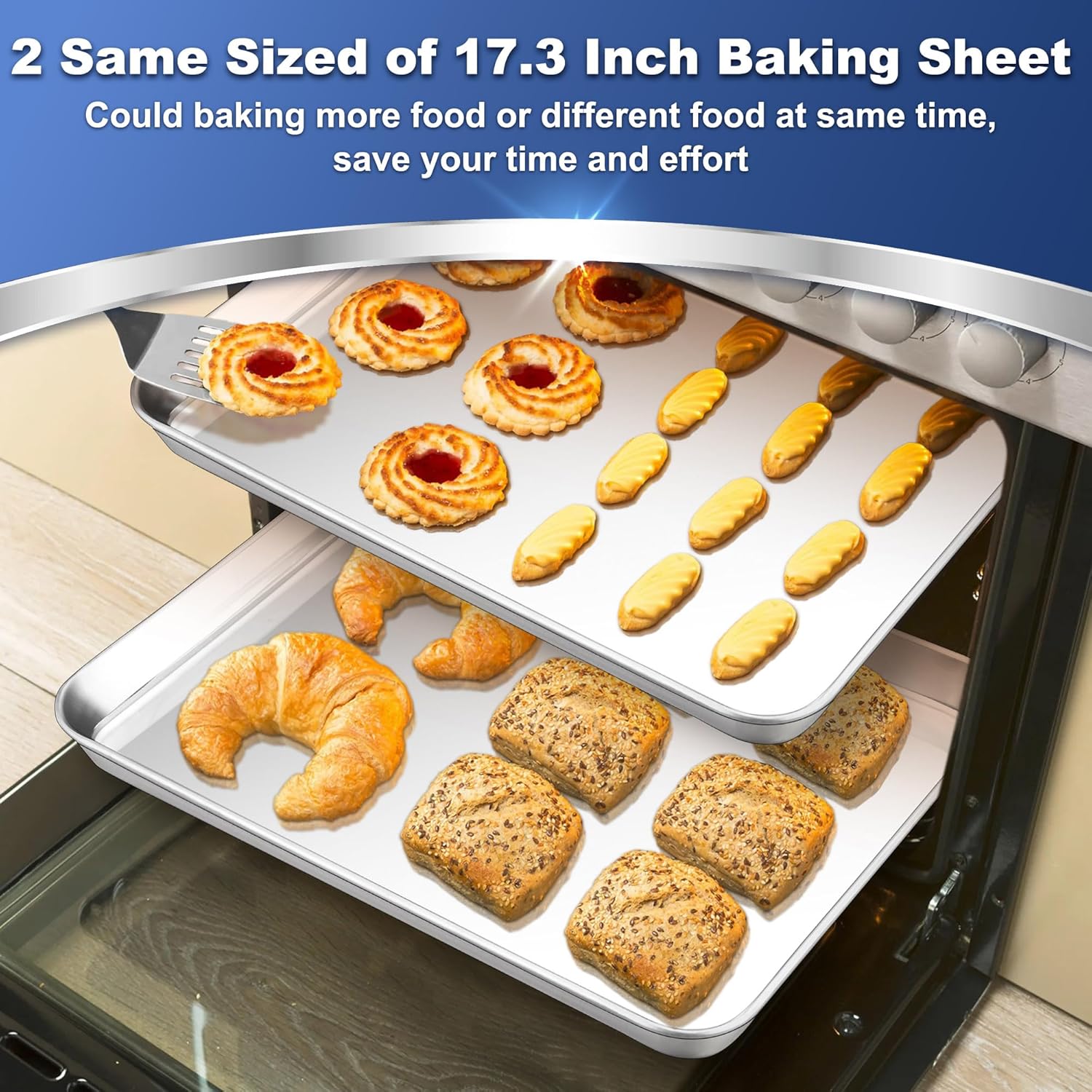 P&P CHEF 17.3 Inch Baking Cookie Sheet, Oven Pan Tray Stainless Steel Sheet Pan for Kitchen, Oven Bakeware for Multi Uses, Shiny Look & Dishwasher Safe, Healthy & Heavy Duty, 2Pcs