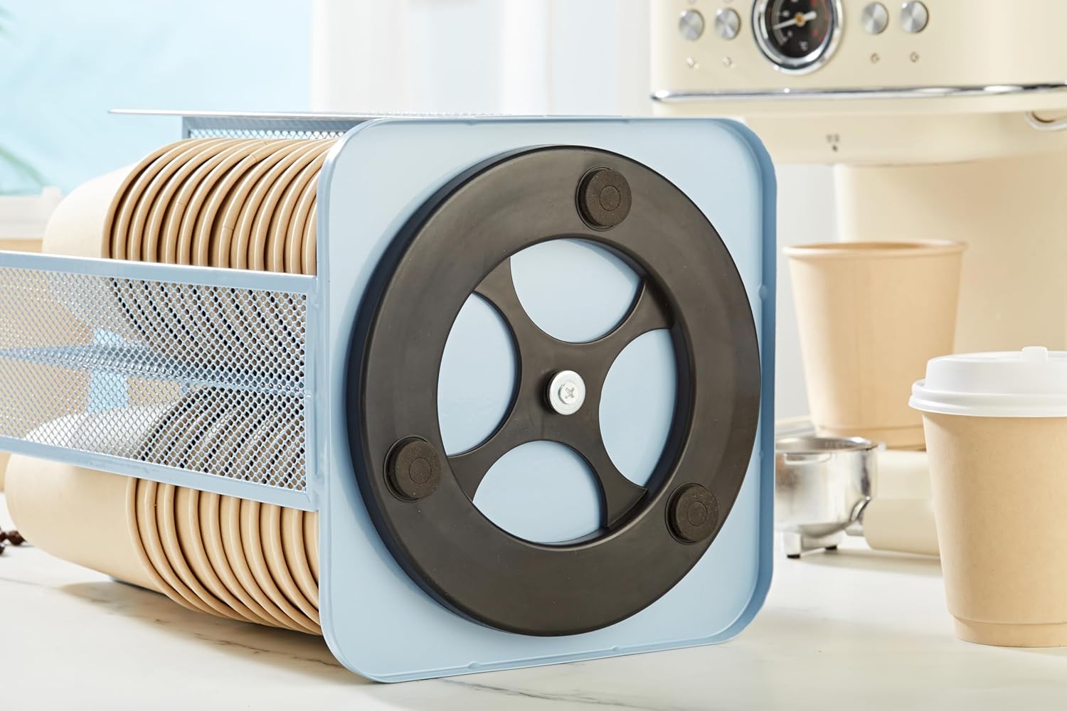 Annova Paper/Plastic Cup and Lid Holder Plastic Storage Organizer, 360°Rotating Coffee Mup Dispenser with 4 Compartments, Multifunctional Storage Rack for Home, Office, Bar, Coffee Shop (New Blue)