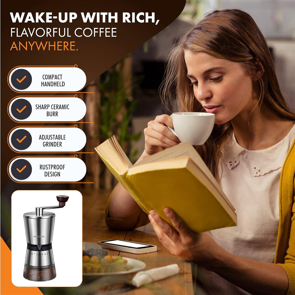 Manual Coffee Grinder with 8 Adjustable Coarseness Settings, Hand Crank Coffee Mill with Ceramic Burr for Espresso Beans, French Press, Pour Over, Drip Coffee – Rustproof, Non-Dulling