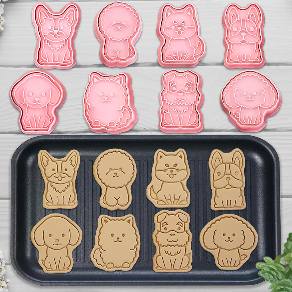 8 Dog Cookie Cutters Set, 3D Puppy Cookie Stamps, Cupcake Pancake Apple Pie Pastry Biscuit Molds, Cookie Baking Molds for Dog Party Decorations (Puppy)