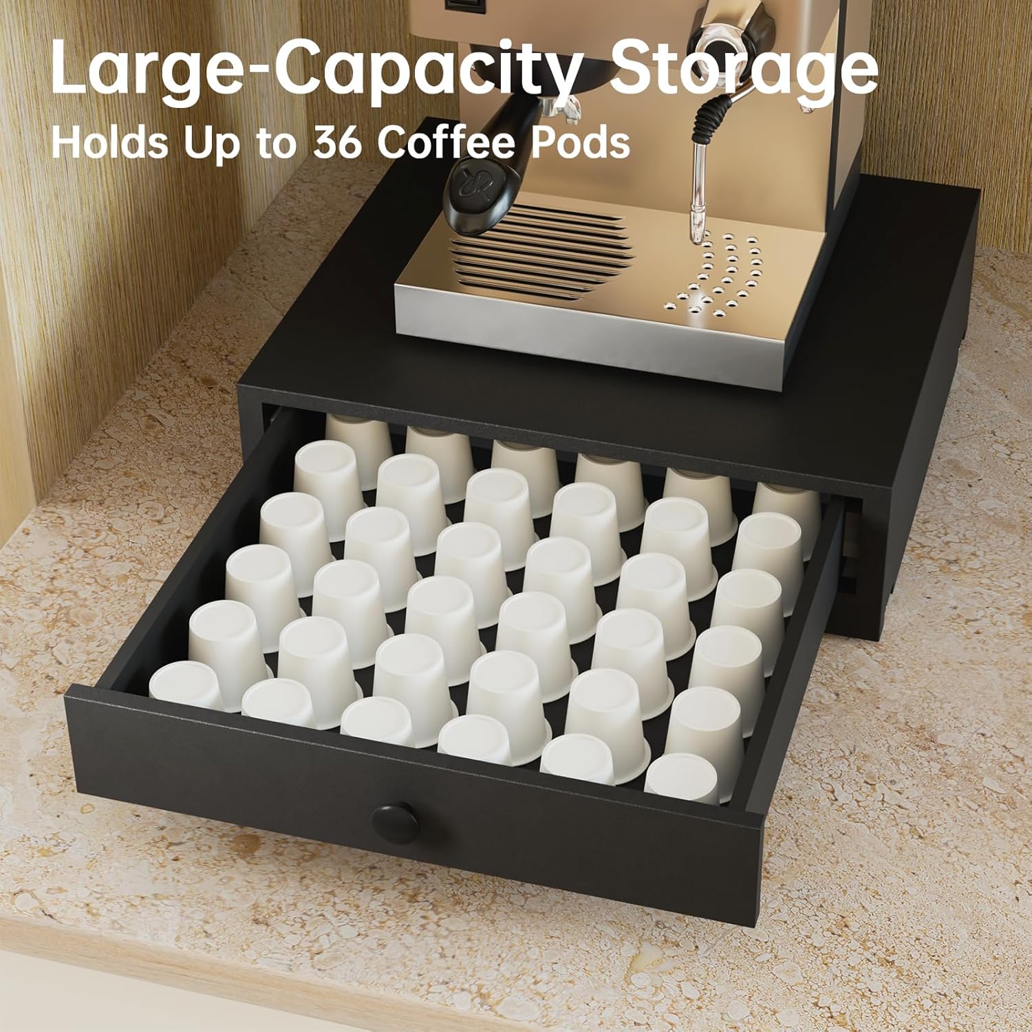 NiHome Acacia Wood Coffee Machine Tray with Pod Drawer, Smooth Wheels Rolling Appliance Slider, Large Drawer for K-Cups, Tea Bags, Under Cabinet Countertop Caddy for Espresso Maker, Blender, Air Fryer