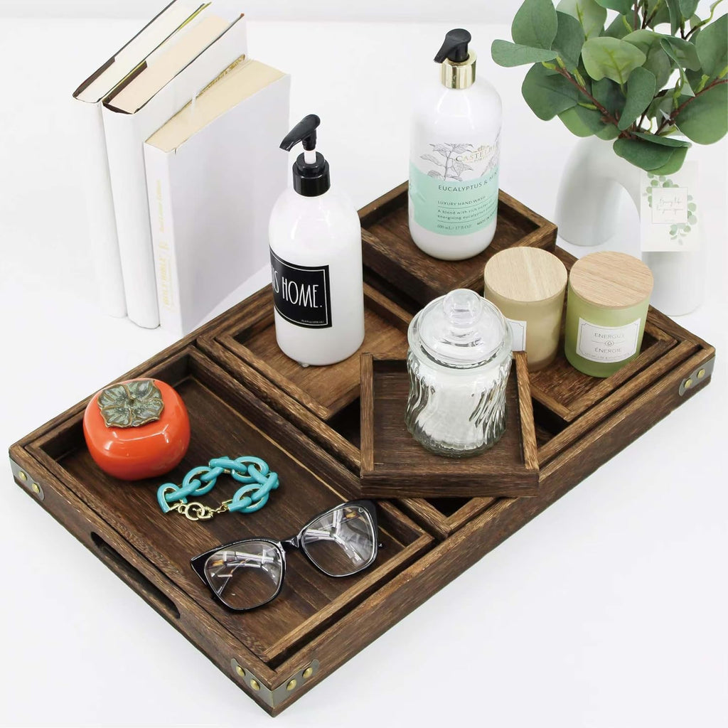 Rustic Wooden Serving Trays with Handle, Serving Platters, Charcuterie Board Set of 7 Nesting Food Trays for Serving Food, Home Decor, Breakfast, Coffee Table, Bed Tray, Picnic