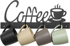 MyGift Black Metal Coffee Mug Rack Wall Mounted Holder with 4 Hooks and Coffee Word Sign and Cup Cutout Design