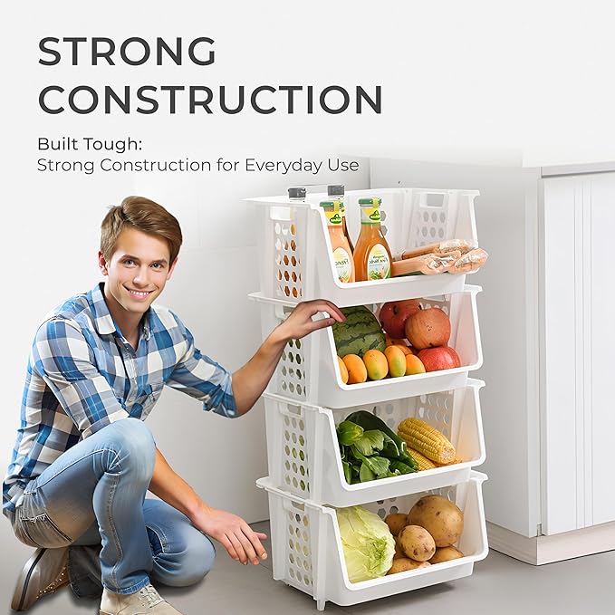 TidyFriend Large Stackable Storage Bins for Pantry - 4 Pack, Stackable Bins For Organizing Food, Kitchen, and Bathroom Essentials (White)