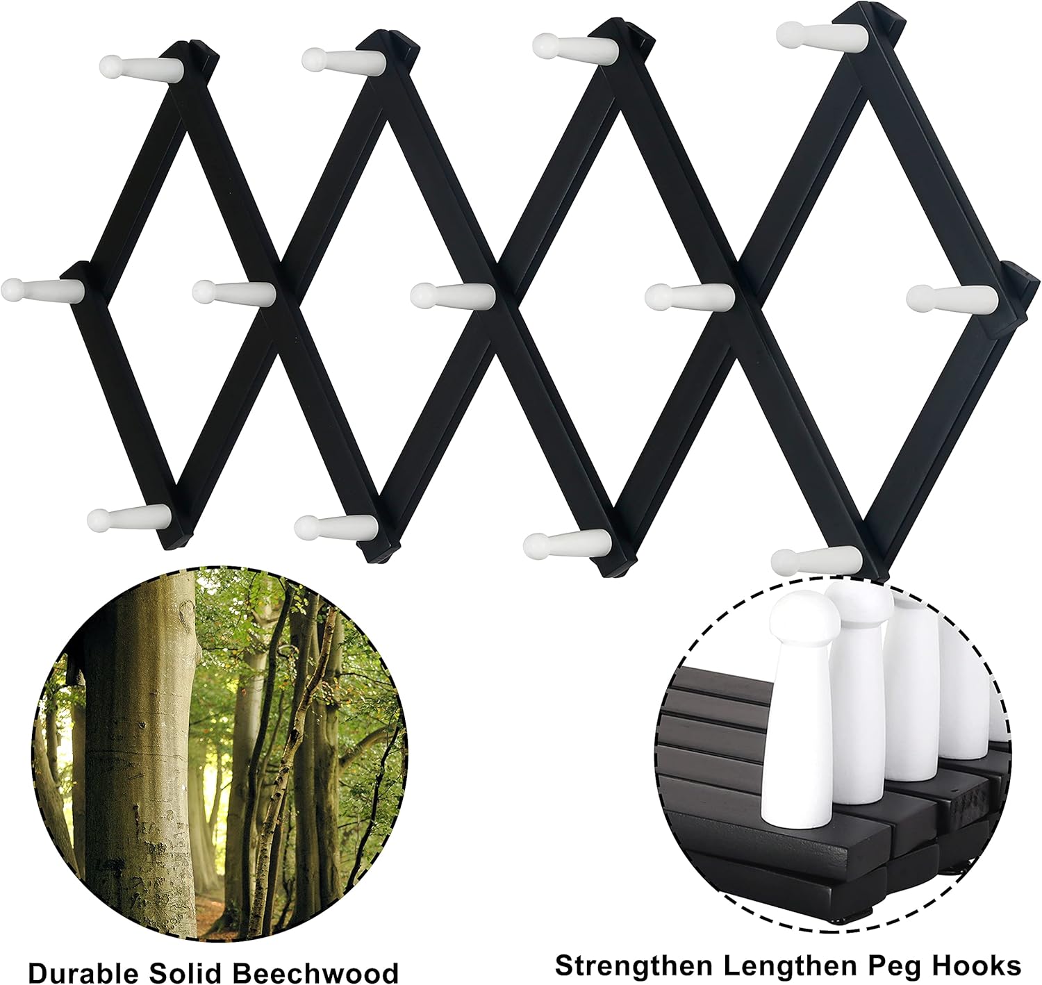 Dseap Accordian Wall Hanger: 16” High Wooden Wall Expandable Coat Rack, Hat Rack Holder, Accordion Hook for Baseball Caps, Coats, Mugs, 13 Peg Hooks, Black & White
