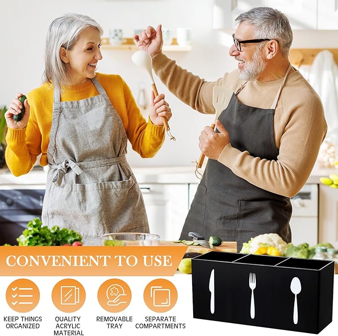 Suzile Acrylic Cutlery Storage Organizer Bin Silverware Caddy Countertop Knife Spoon and Fork Holder Kitchen 3 Section Tableware Storage Box for Cabinet Indoor Home Flatware Dining Room (Black,M)