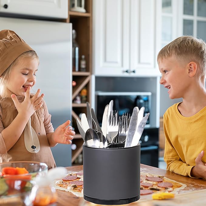 Silverware Organizer Kitchen Utensil Holder 360°Rotating For Counter Organizer Stainless Steel Storage Silverware Caddy 3 Compartment Flatware Spoon Spatula Tool Cutlery Container(Grey)