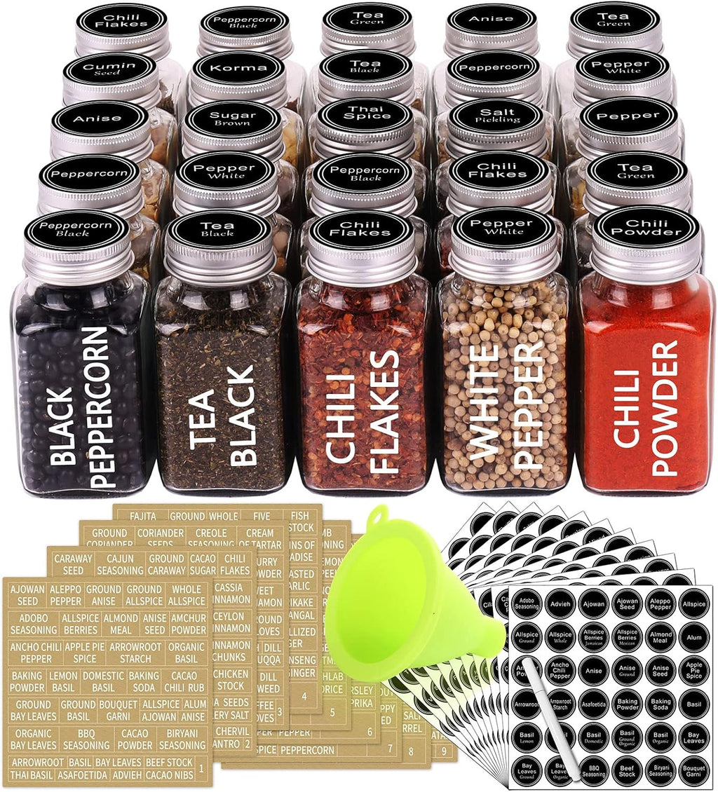 SWOMMOLY 25 Glass Spice Jars 6 oz Empty Square Spice Bottles with 703 Spice Labels, Chalk Marker and Funnel Complete Set. Spice Containers with Airtight Cap, Pour/sift Shaker Lid