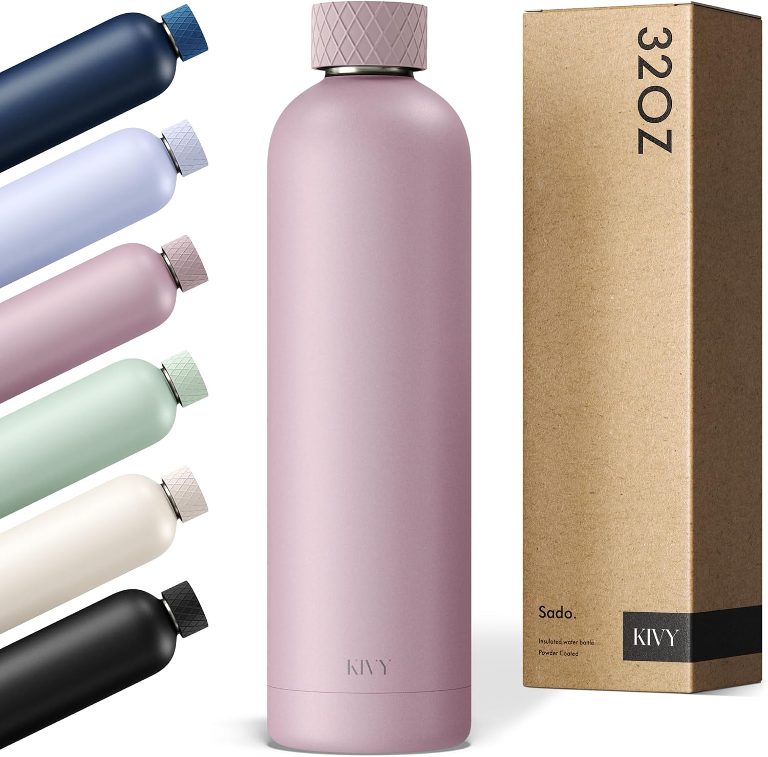 KIVY Stainless Steel Insulated Water Bottle 32oz | Slim Water Bottle for Travel, Car, Gym, Cupholder, Backpack side pocket - Slim water bottle no straw - Skinny water bottle screw top