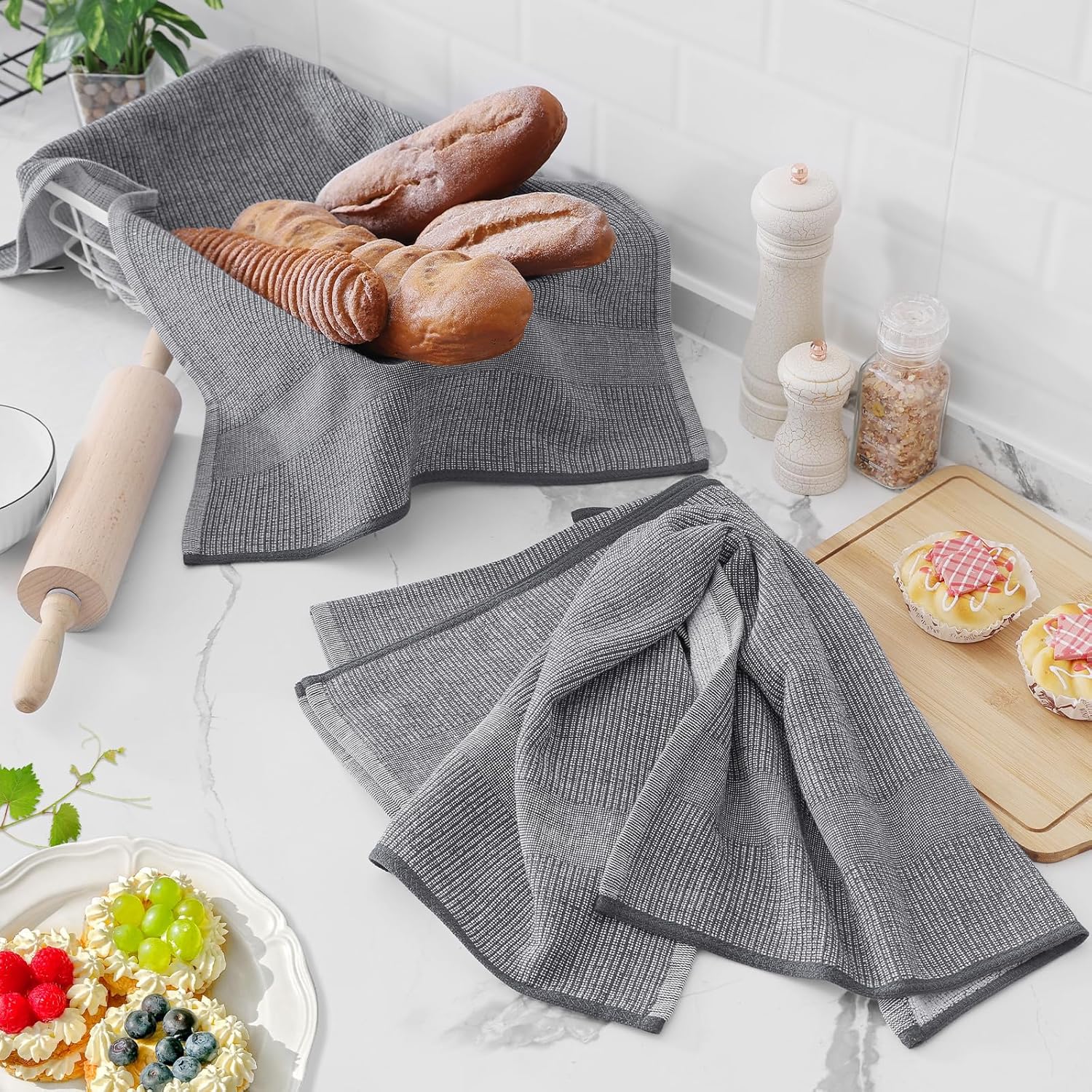Homaxy Premium Kitchen Towels(18”x 28”, 6 Pack), Large Cotton Kitchen Hand Towels, Flat and Terry Dish Towels, 380 GSM Highly Absorbent Tea Towel Set with Hanging Loop, Grey