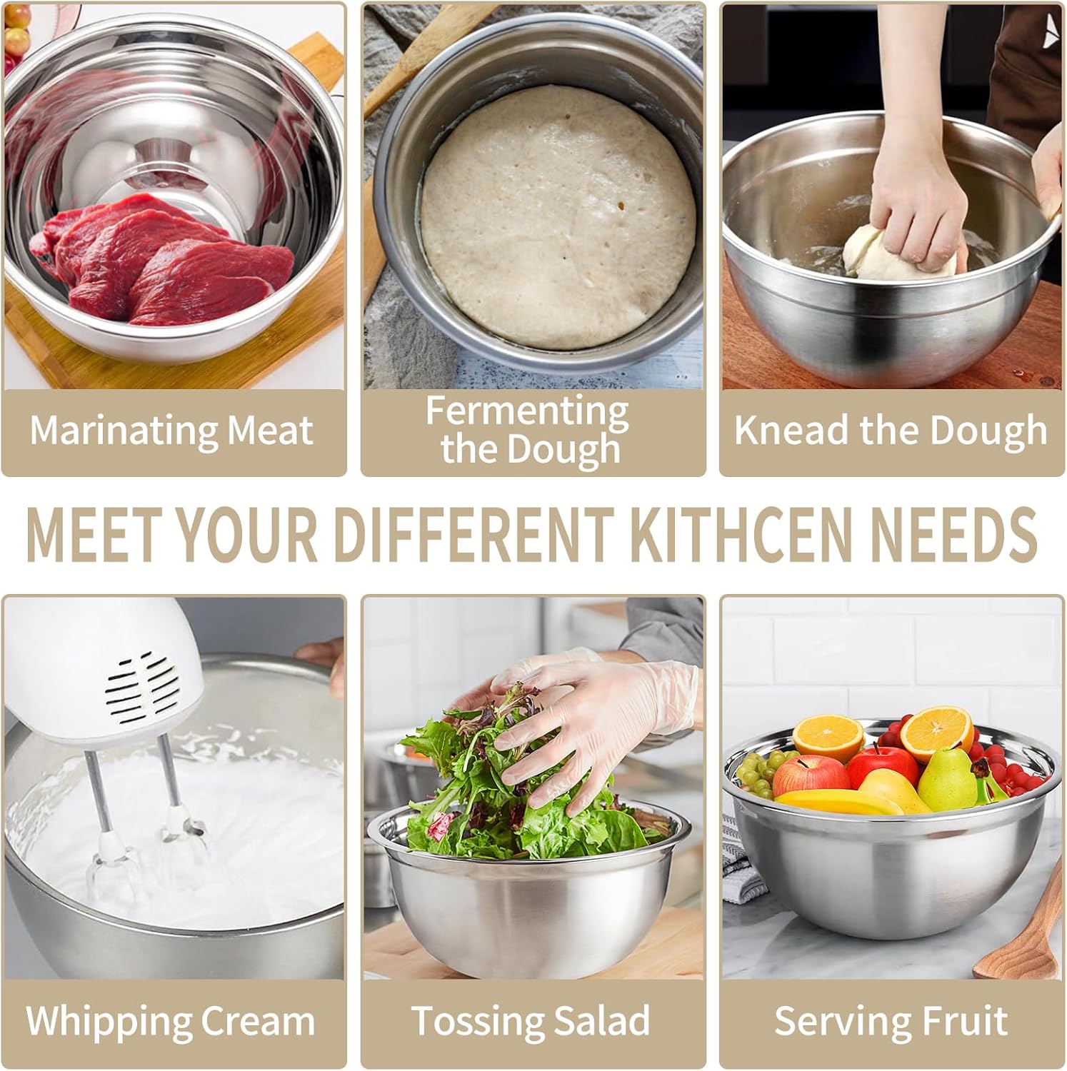 Mixing Bowls Set, 27PCS Khaki Mixing Bowls With Lids Set Stainless Steel Kitchen Large Nesting Metal Bowl 7QT to 1.5QT, Measuring Cups and Spoons for Prepping Cooking Serving