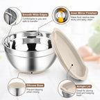 TeamFar Khaki Mixing Bowls, 6-Piece Stainless Steel Nesting Salad Bowls with Lid Set for Prepping Baking, Non-Toxic & Stackable, Air-Tight Lid & Non Slip Bottom, 4.6/2.6/2/1.5/1 / 0.7 QT