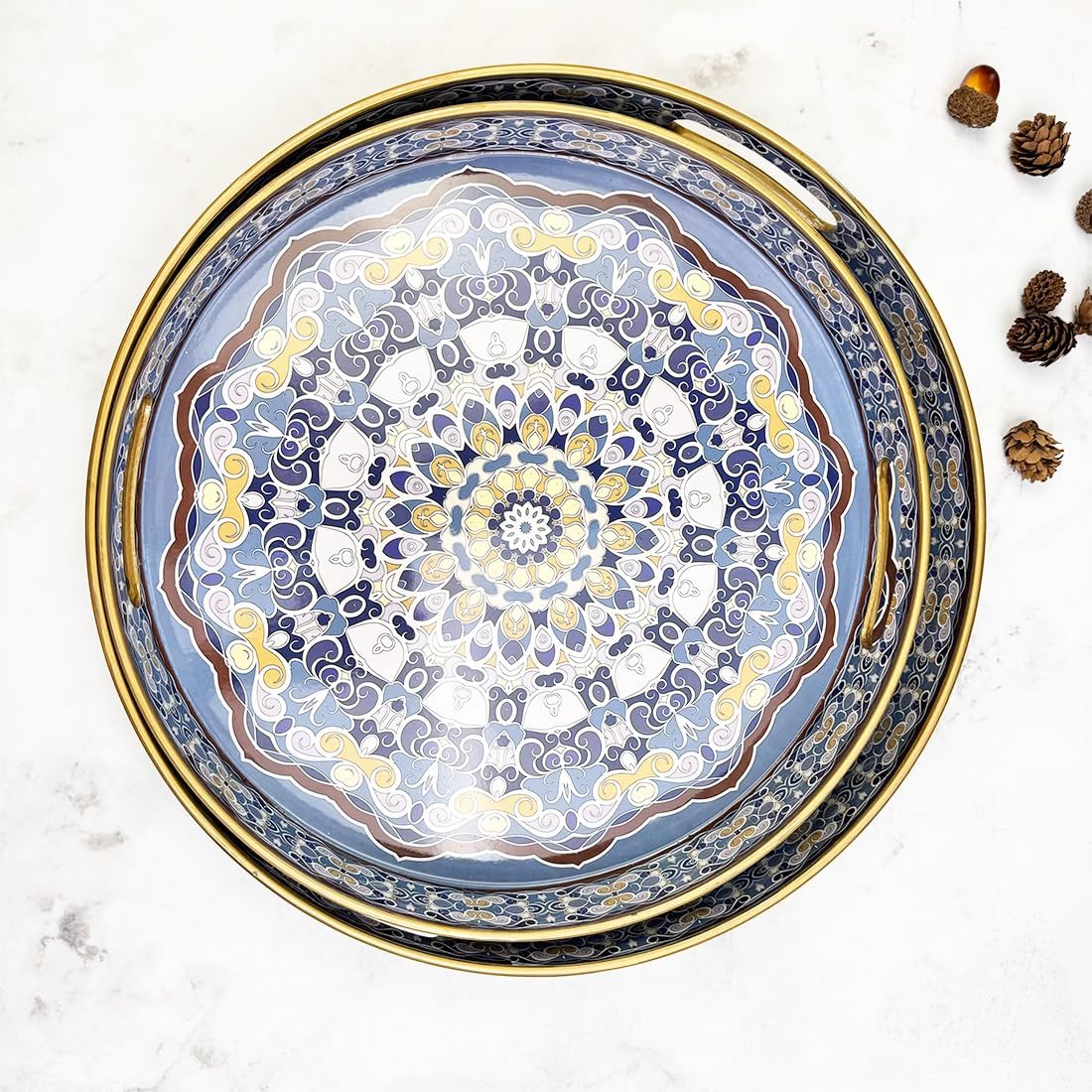 Round Decorative Trays Set of 2, Modern Plastic Serving Tray with Handles for Living Room, Coffee Table, Kitchen, Ottoman, Boho Blue, Large 13", Small 11.8"